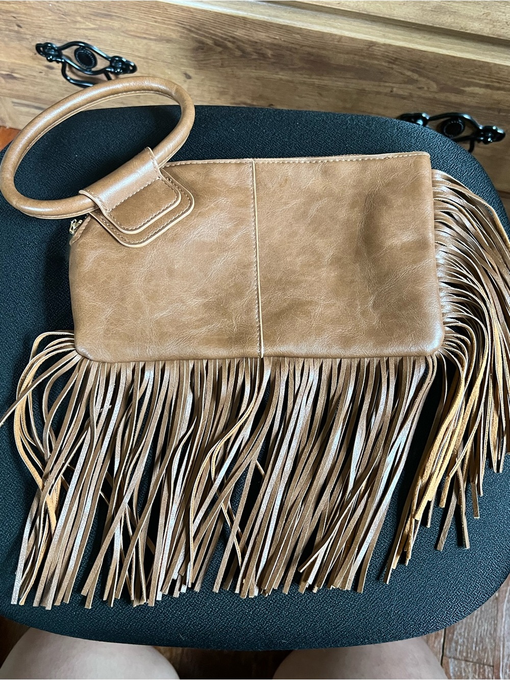 Cato Tan Fringe Wristlet Clutch with Circular Handle